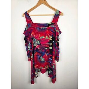 Clara Sun Woo Cold Shoulder Tunic Top Women Large Abstract Floral Print Sequins
